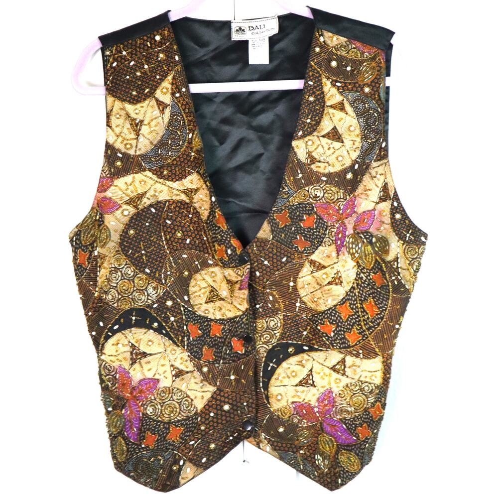 Vintage Bali Collection Beaded Vest Geometric Patchwork Snap tie back Pearls OS